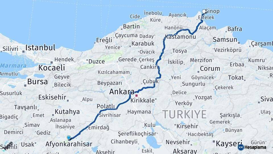 Afyonkarahisar Sinop Arası Kaç Km - Yol Haritası