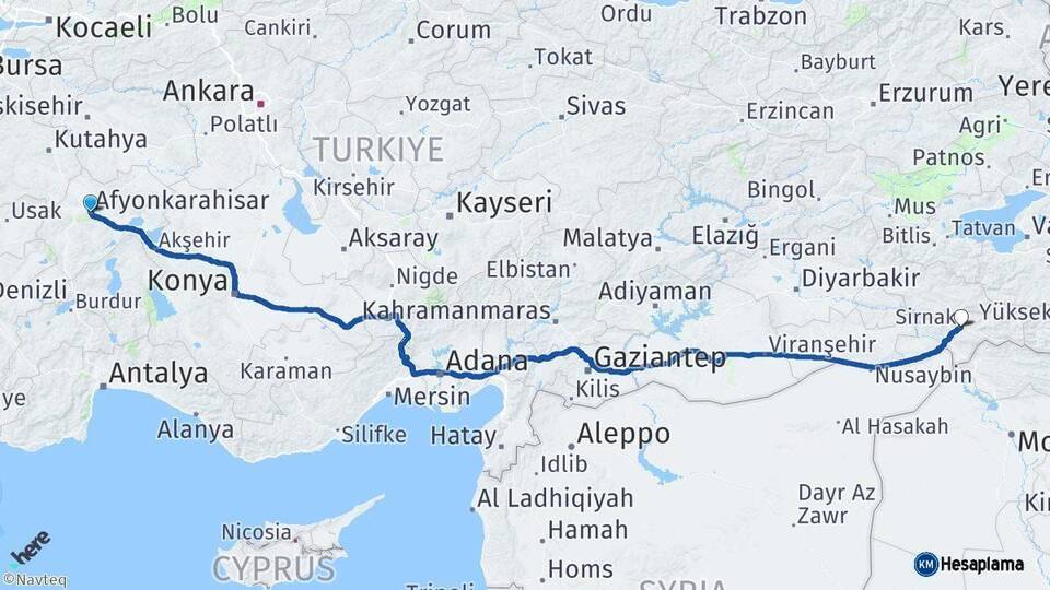 Afyonkarahisar Şırnak Arası Kaç Km - Yol Haritası