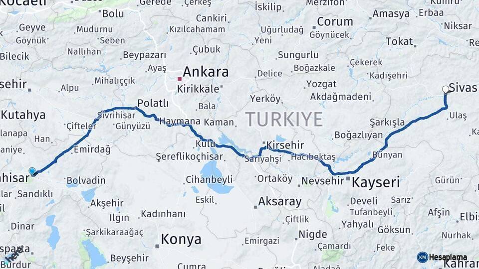 Afyonkarahisar Sivas Arası Kaç Km - Yol Haritası