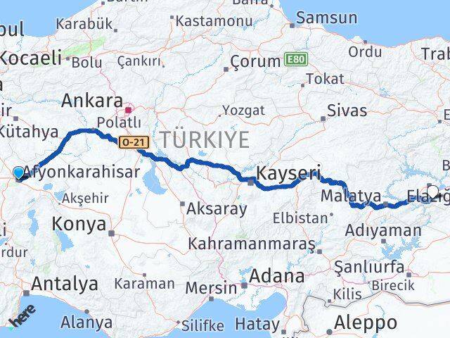 Afyonkarahisar Sivrice Elazığ Arası Kaç Km - Yol Haritası