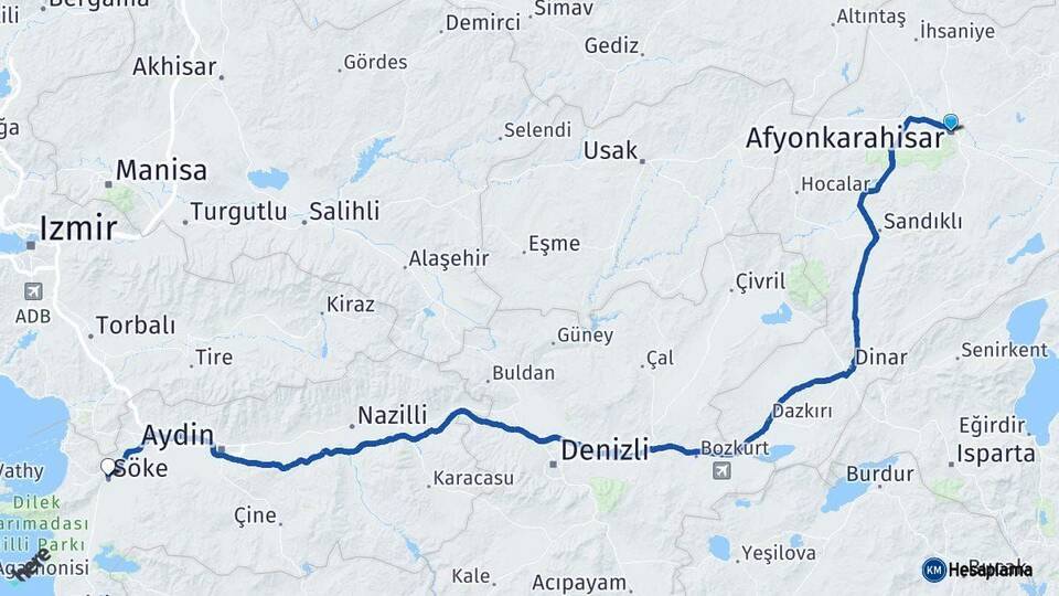 Afyonkarahisar Söke Aydın Arası Kaç Km - Yol Haritası