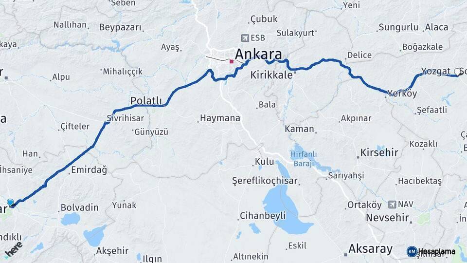 Afyonkarahisar Sorgun Yozgat Arası Kaç Km - Yol Haritası