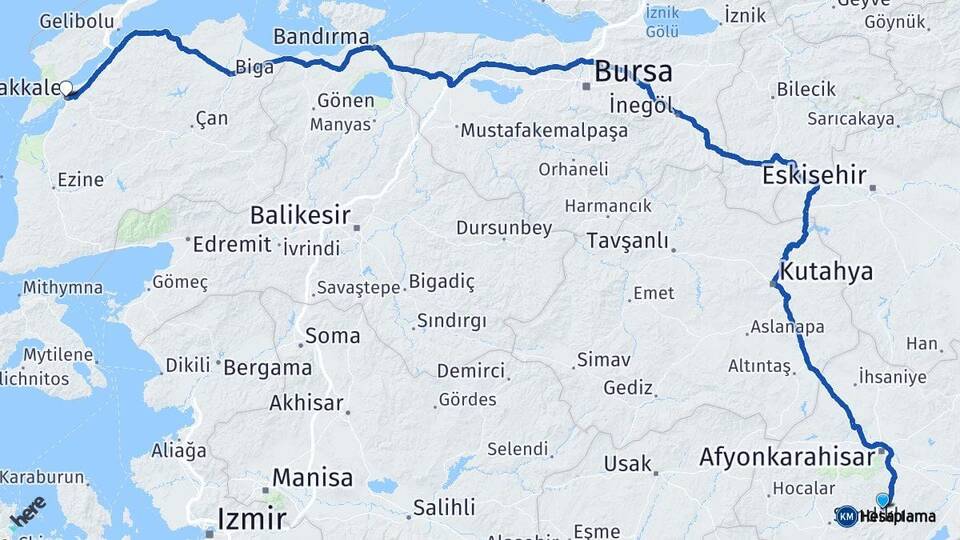 Afyonkarahisar Şuhut Çanakkale Arası Kaç Km - Yol Haritası