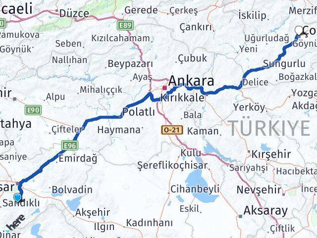 Afyonkarahisar Şuhut Çorum Arası Kaç Km - Yol Haritası