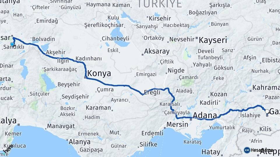 Afyonkarahisar Şuhut Gaziantep Arası Kaç Km - Yol Haritası