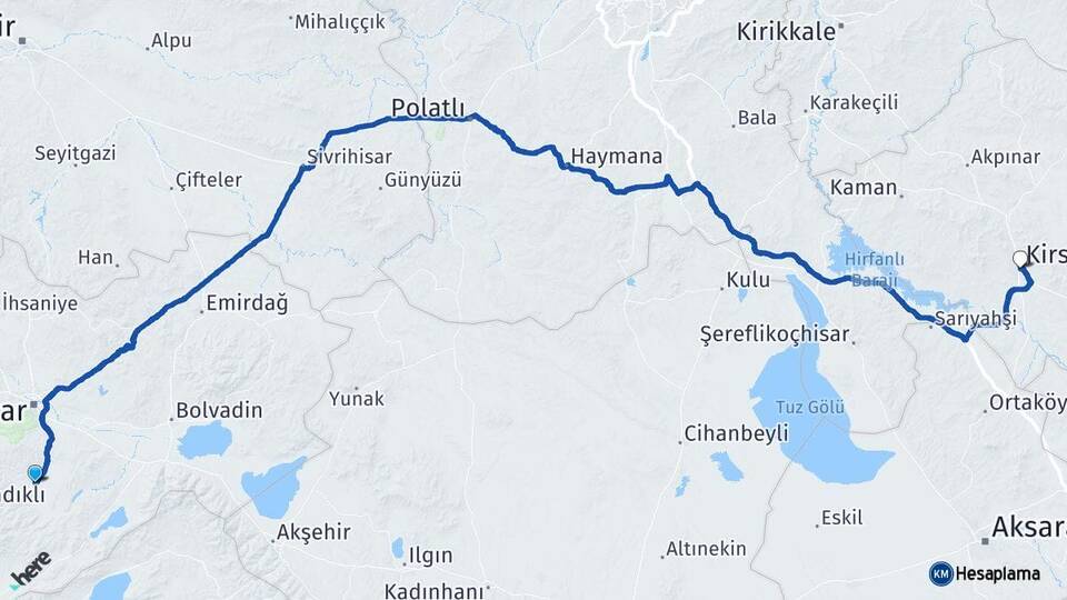 Afyonkarahisar Şuhut Kırşehir Arası Kaç Km - Yol Haritası