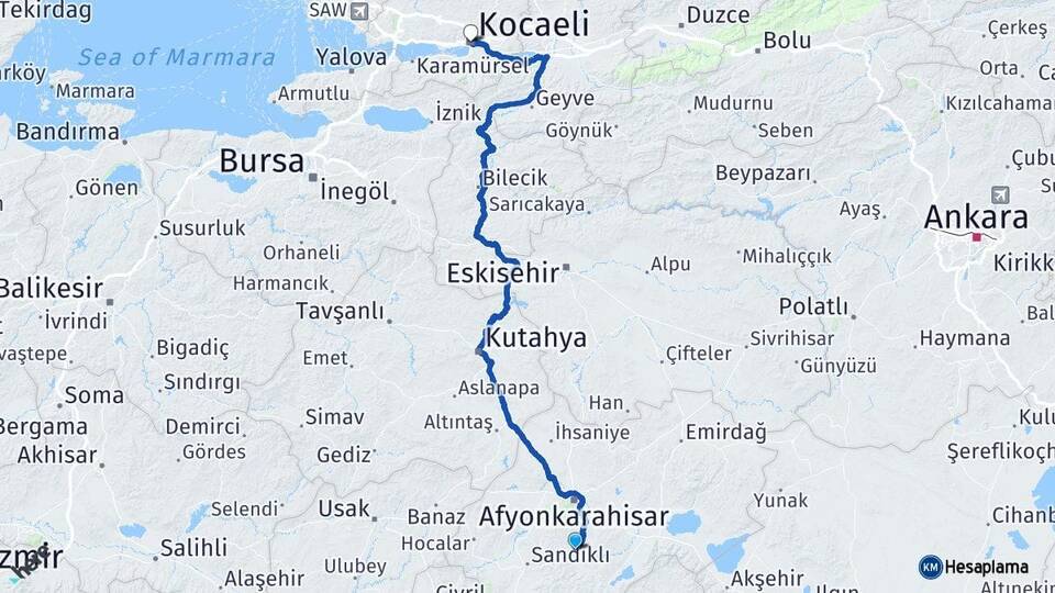 Afyonkarahisar Şuhut Kocaeli Arası Kaç Km - Yol Haritası