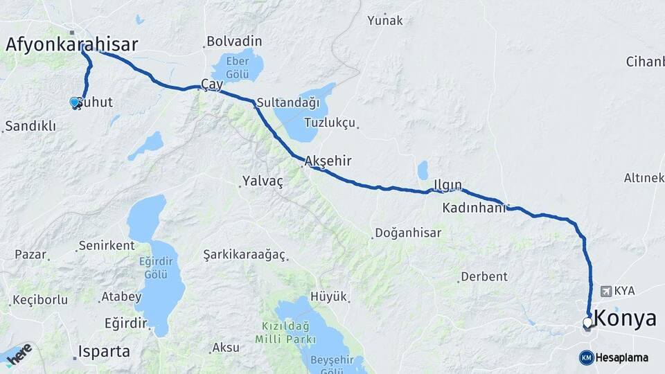 Afyonkarahisar Şuhut Konya Arası Kaç Km - Yol Haritası