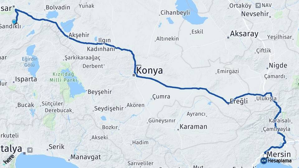 Afyonkarahisar Şuhut Mersin Arası Kaç Km - Yol Haritası