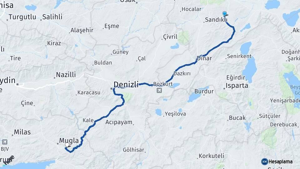 Afyonkarahisar Şuhut Muğla Arası Kaç Km - Yol Haritası