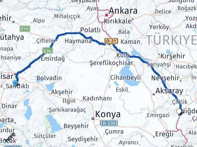 Afyonkarahisar Şuhut Niğde Arası Kaç Km - Yol Haritası