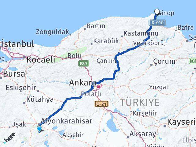 Afyonkarahisar Şuhut Sinop Arası Kaç Km - Yol Haritası