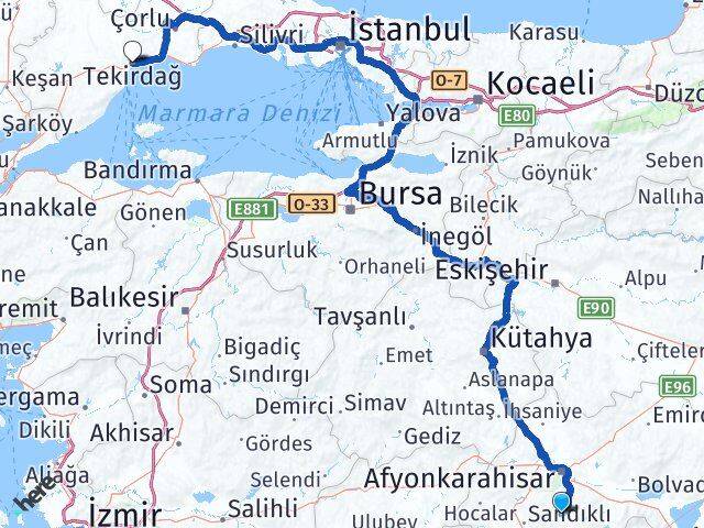 Afyonkarahisar Şuhut Tekirdağ Arası Kaç Km - Yol Haritası