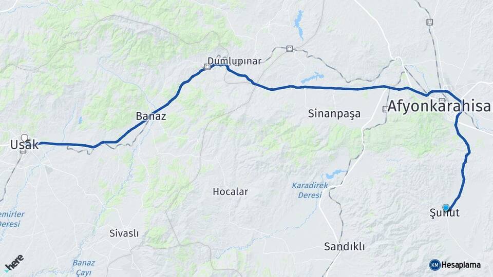 Afyonkarahisar Şuhut Uşak Arası Kaç Km - Yol Haritası