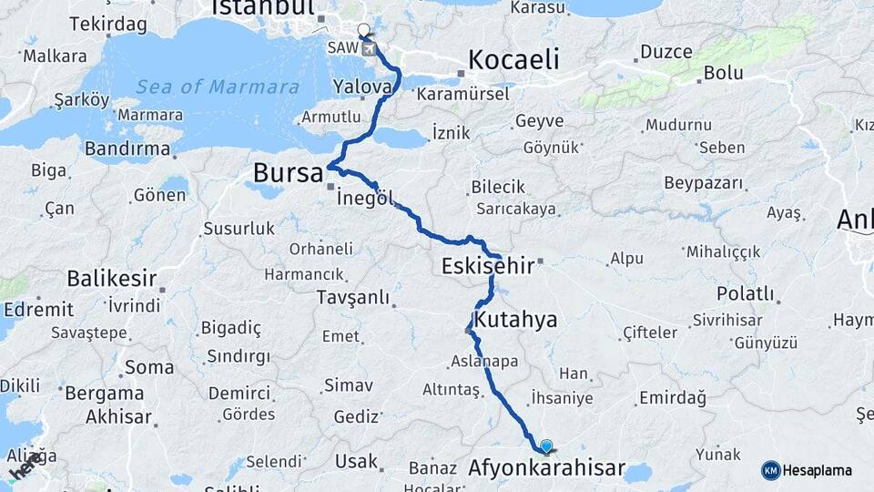 Afyonkarahisar Sultanbeyli İstanbul Arası Kaç Km - Yol Haritası