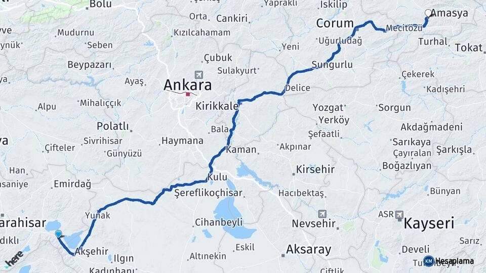 Afyonkarahisar Sultandağı Amasya Arası Kaç Km - Yol Haritası
