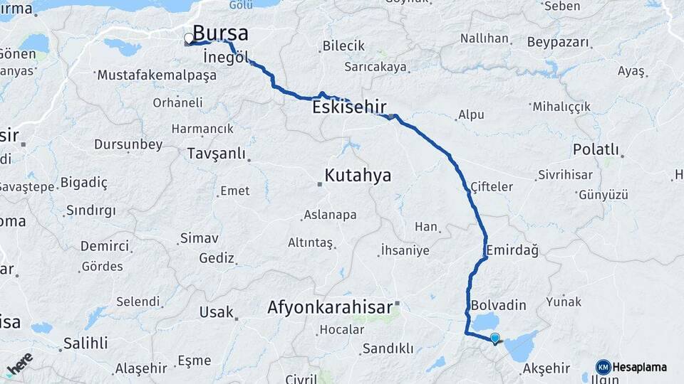 Afyonkarahisar Sultandağı Bursa Arası Kaç Km - Yol Haritası
