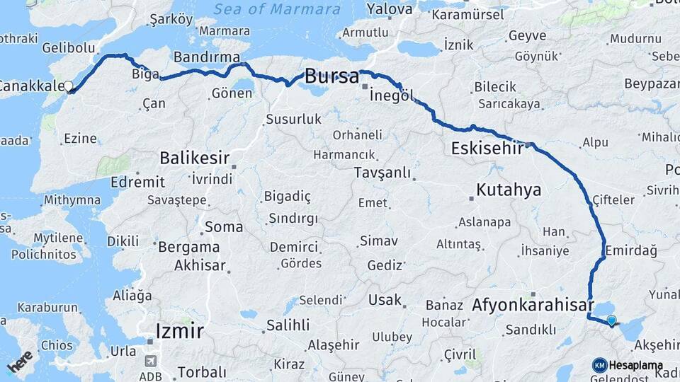 Afyonkarahisar Sultandağı Çanakkale Arası Kaç Km - Yol Haritası