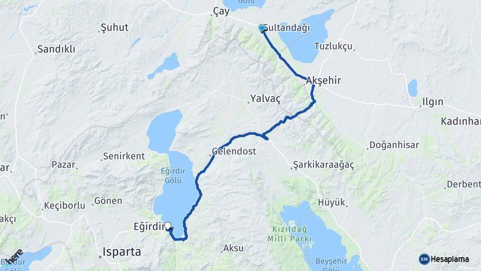 Afyonkarahisar Sultandağı Eğirdir Isparta Arası Kaç Km - Yol Haritası