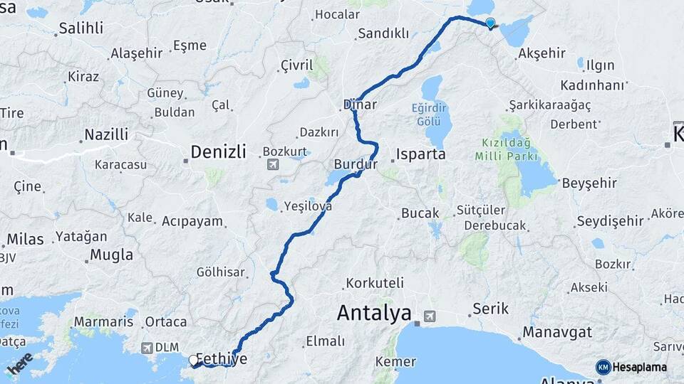 Afyonkarahisar Sultandağı Fethiye Muğla Arası Kaç Km - Yol Haritası