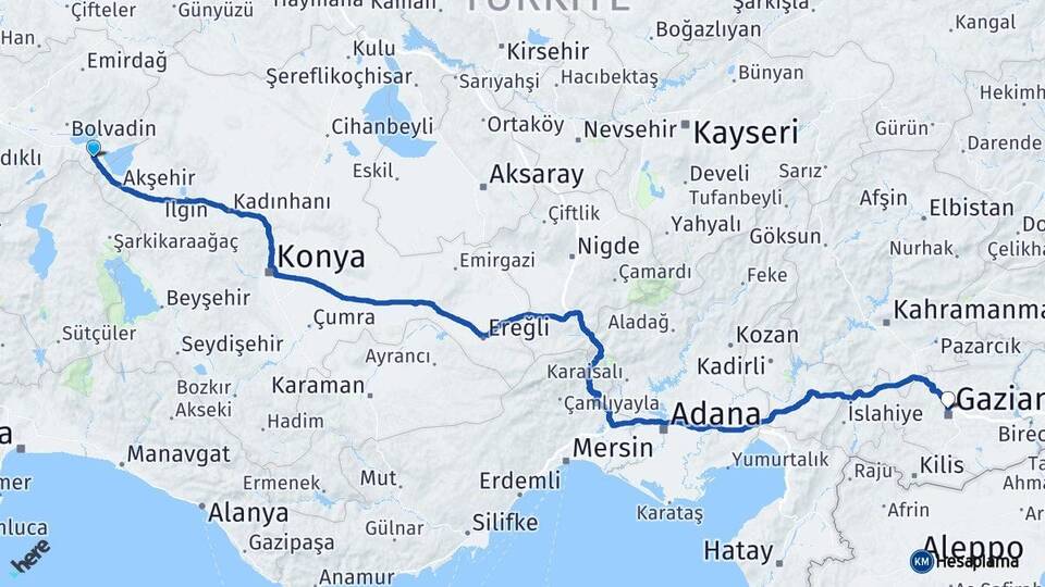 Afyonkarahisar Sultandağı Gaziantep Arası Kaç Km - Yol Haritası