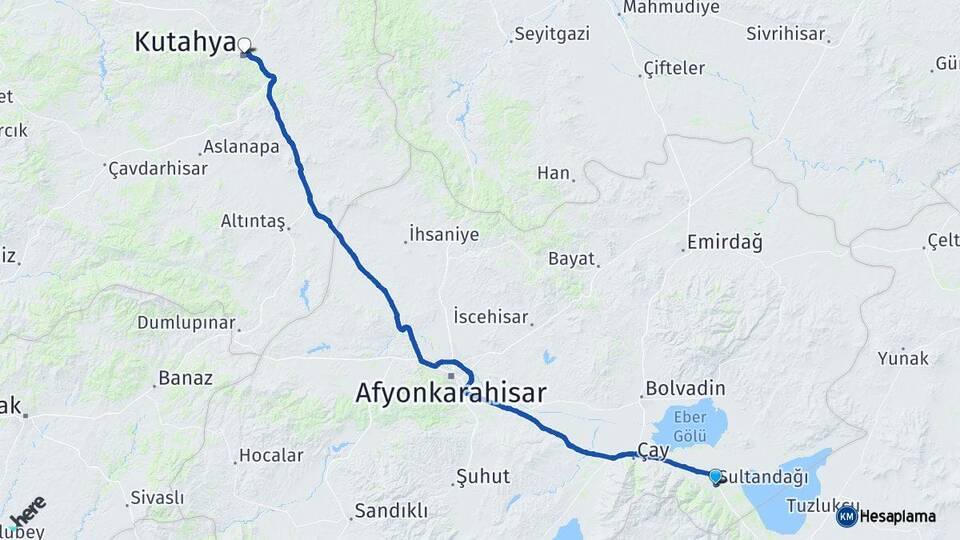 Afyonkarahisar Sultandağı Kütahya Arası Kaç Km - Yol Haritası
