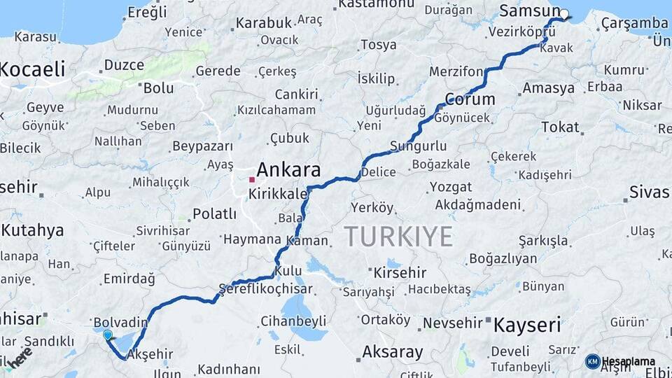 Afyonkarahisar Sultandağı Samsun Arası Kaç Km - Yol Haritası
