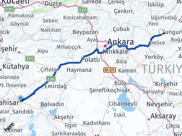 Afyonkarahisar Sungurlu Çorum Arası Kaç Km - Yol Haritası
