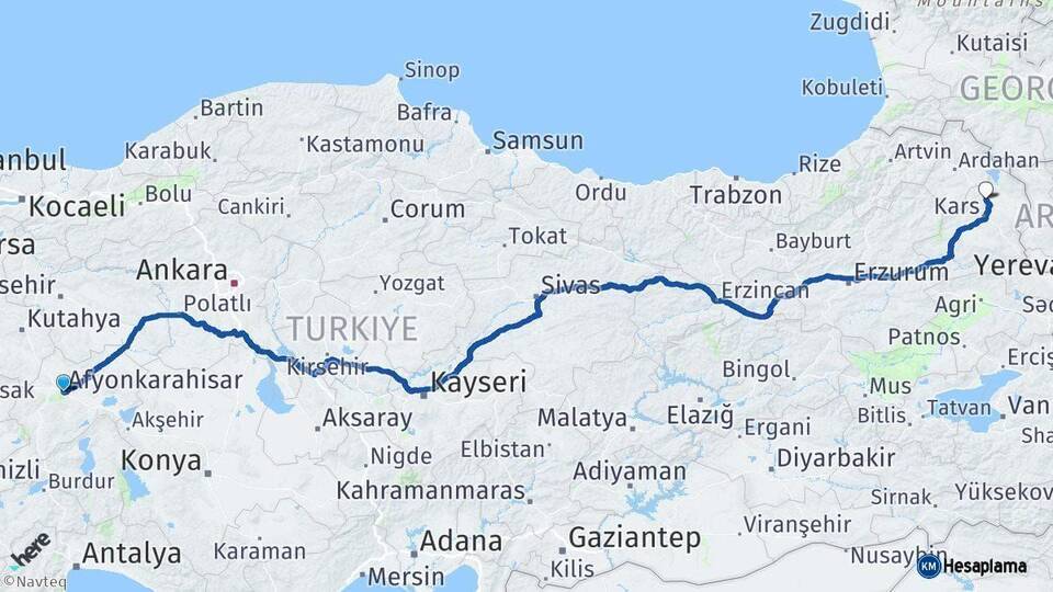 Afyonkarahisar Susuz Kars Arası Kaç Km - Yol Haritası