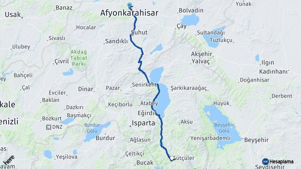 Afyonkarahisar Sütçüler Isparta Arası Kaç Km - Yol Haritası