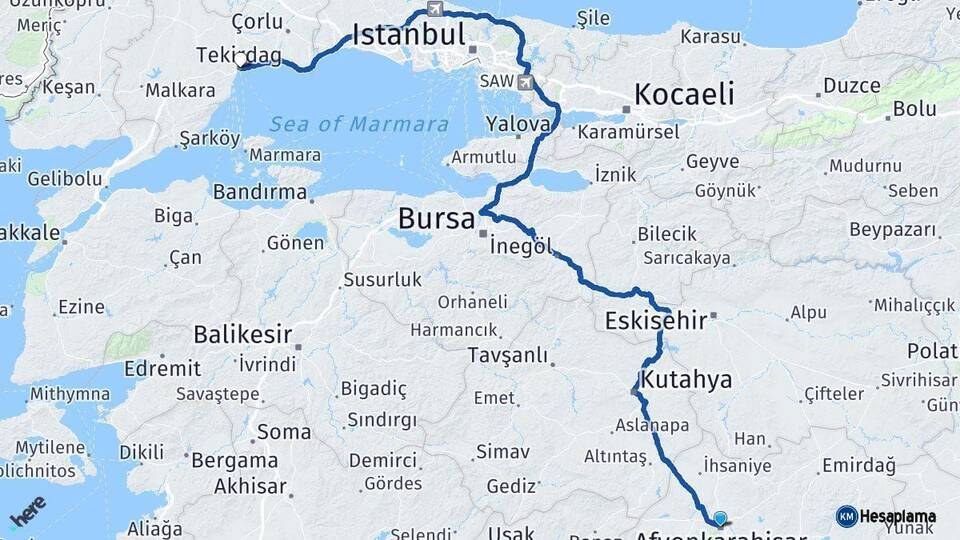 Afyonkarahisar Tekirdağ Arası Kaç Km - Yol Haritası