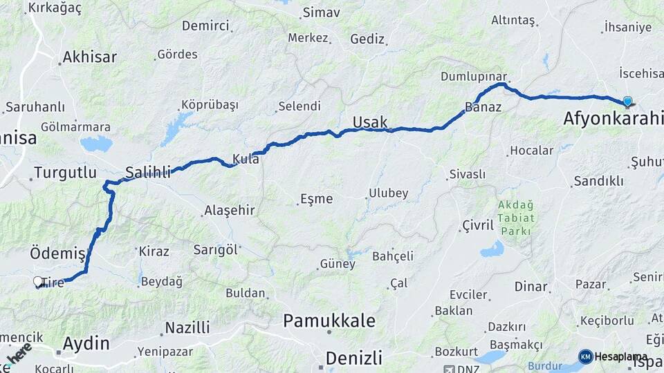 Afyonkarahisar Tire İzmir Arası Kaç Km - Yol Haritası