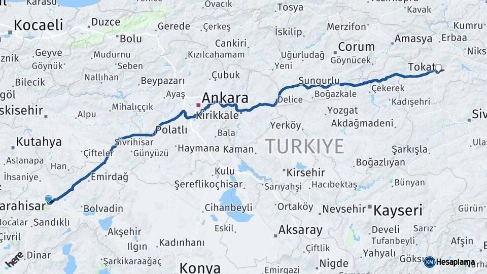 Afyonkarahisar Tokat Arası Kaç Km - Yol Haritası