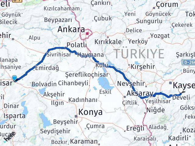 Afyonkarahisar Tomarza Kayseri Arası Kaç Km - Yol Haritası