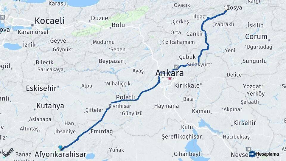 Afyonkarahisar Tosya Kastamonu Arası Kaç Km - Yol Haritası