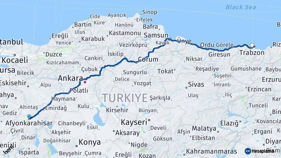 Afyonkarahisar Trabzon Arası Kaç Km - Yol Haritası