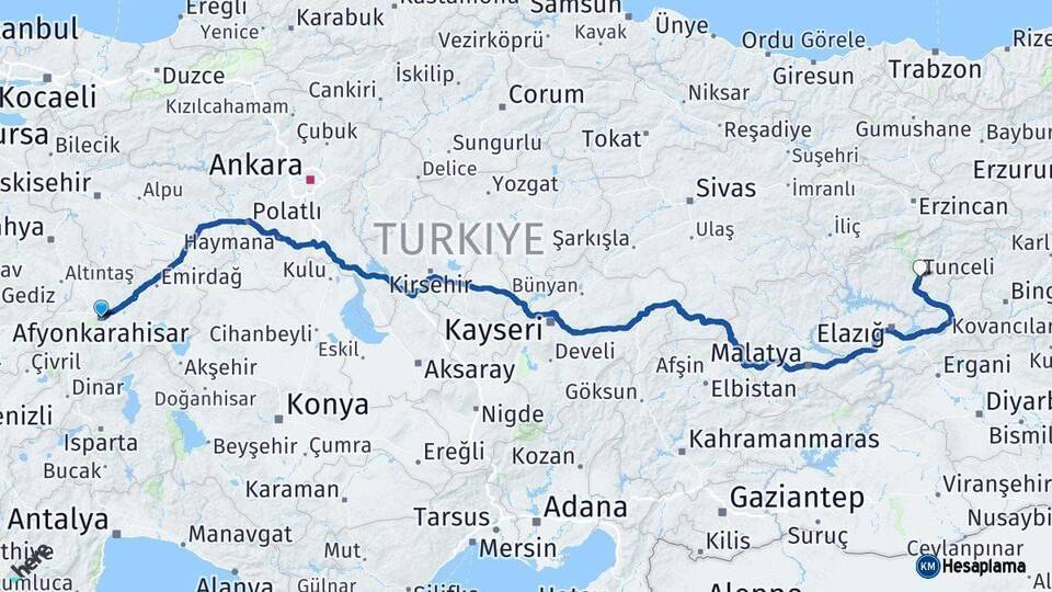 Afyonkarahisar Tunceli Arası Kaç Km - Yol Haritası