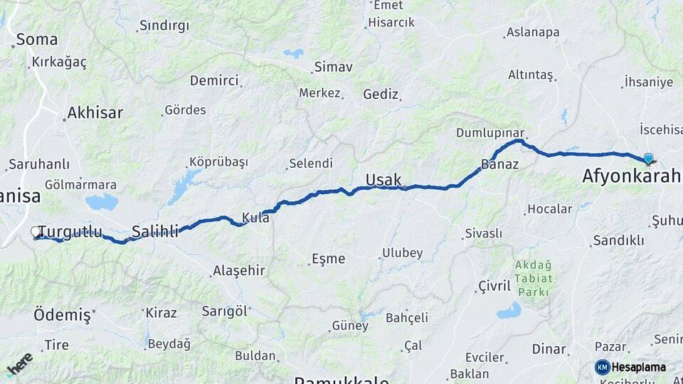 Afyonkarahisar Turgutlu Manisa Arası Kaç Km - Yol Haritası