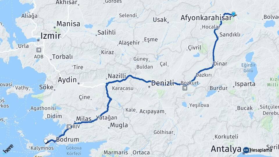 Afyonkarahisar Turgutreis Bodrum Muğla Arası Kaç Km - Yol Haritası