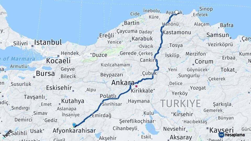 Afyonkarahisar Türkeli Sinop Arası Kaç Km - Yol Haritası