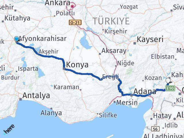 Afyonkarahisar Türkoğlu Kahramanmaraş Arası Kaç Km - Yol Haritası