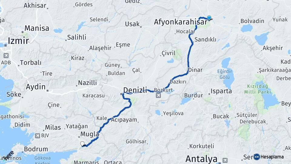 Afyonkarahisar Ula Muğla Arası Kaç Km - Yol Haritası