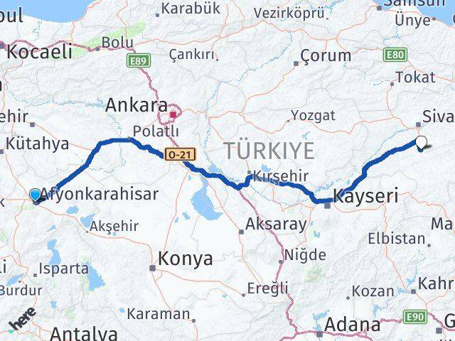 Afyonkarahisar Ulaş Sivas Arası Kaç Km - Yol Haritası