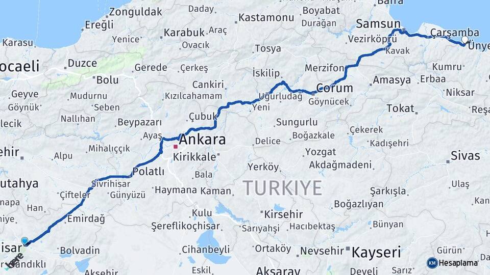 Afyonkarahisar Ünye Ordu Arası Kaç Km - Yol Haritası