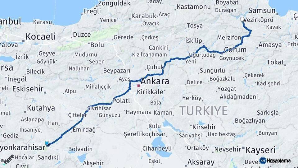Afyonkarahisar Vezirköprü Samsun Arası Kaç Km - Yol Haritası
