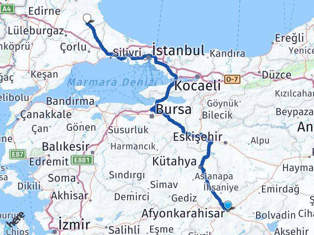 Afyonkarahisar Vize Kırklareli Arası Kaç Km - Yol Haritası
