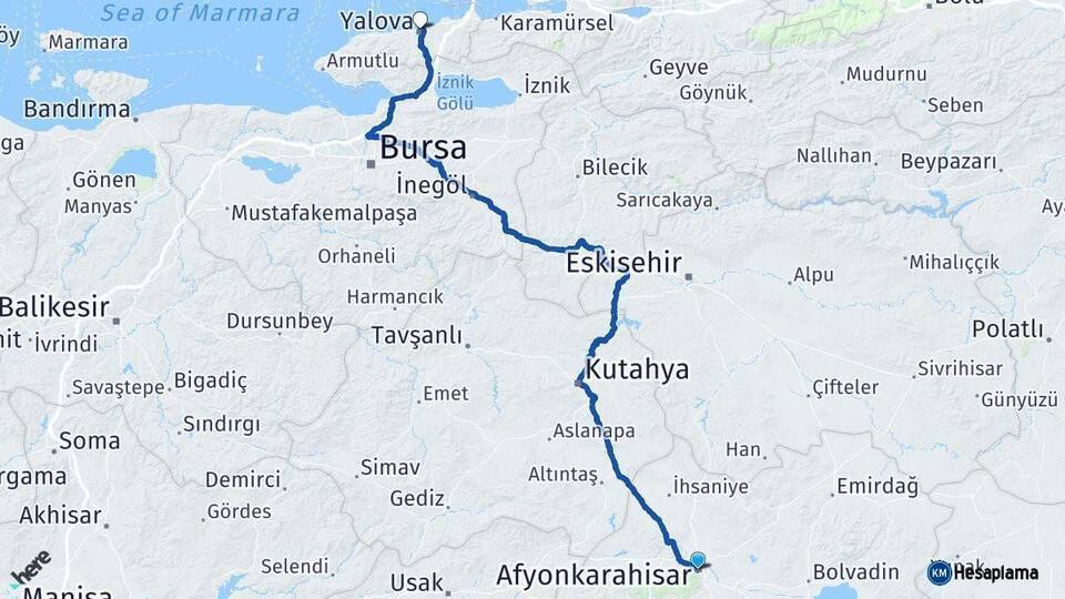 Afyonkarahisar Yalova Arası Kaç Km - Yol Haritası