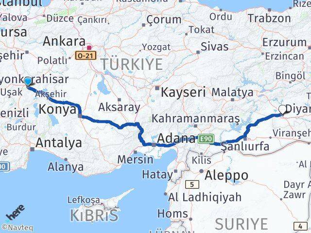 Afyonkarahisar Yenişehir Diyarbakır Arası Kaç Km - Yol Haritası