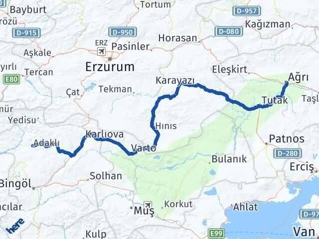 Ağrı Adaklı Bingöl Arası Kaç Km - Yol Haritası