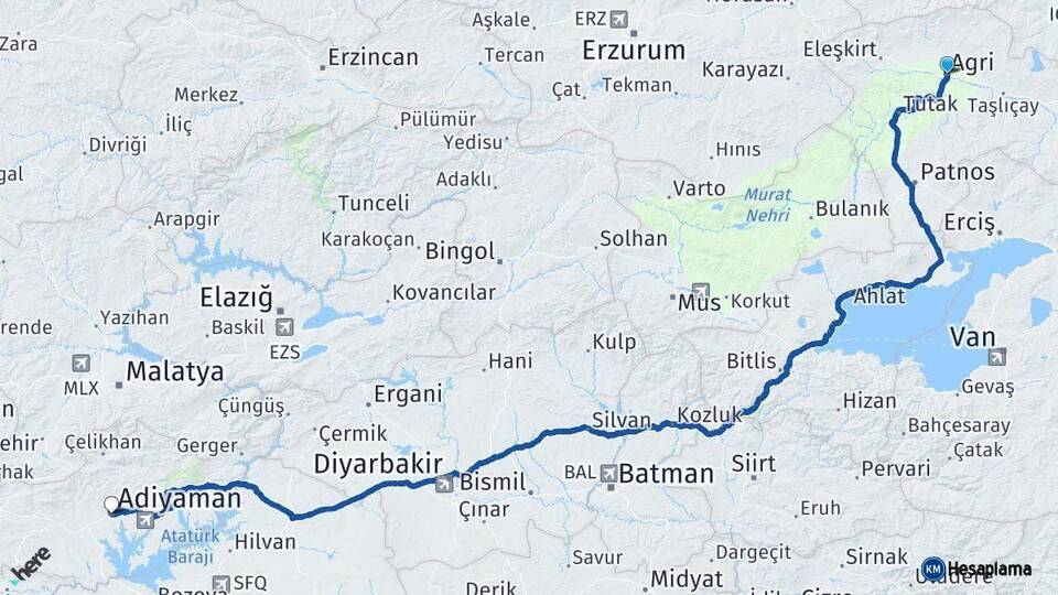 Ağrı Adıyaman Arası Kaç Km - Yol Haritası